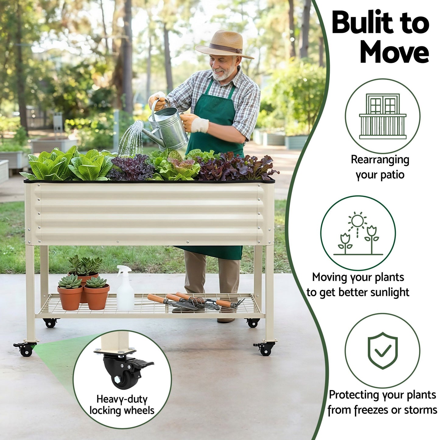 Green Fingers Mobile Raised Garden Bed With Wheels Storage Shelf 81cm Height for Vegetables Herb White