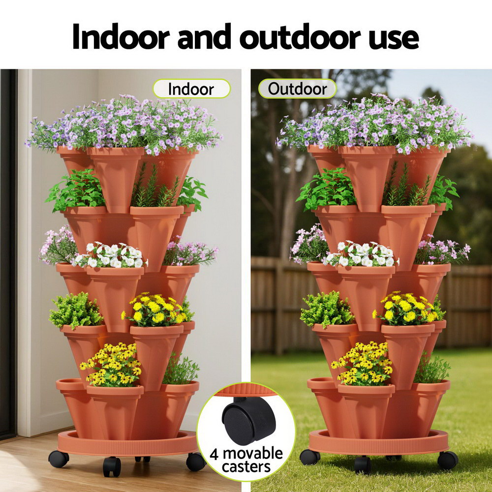 Green Fingers Raised Garden Bed 5 Tier Vertical Garden Brick Red Strawberry Stackable Planters Herbs Petunias