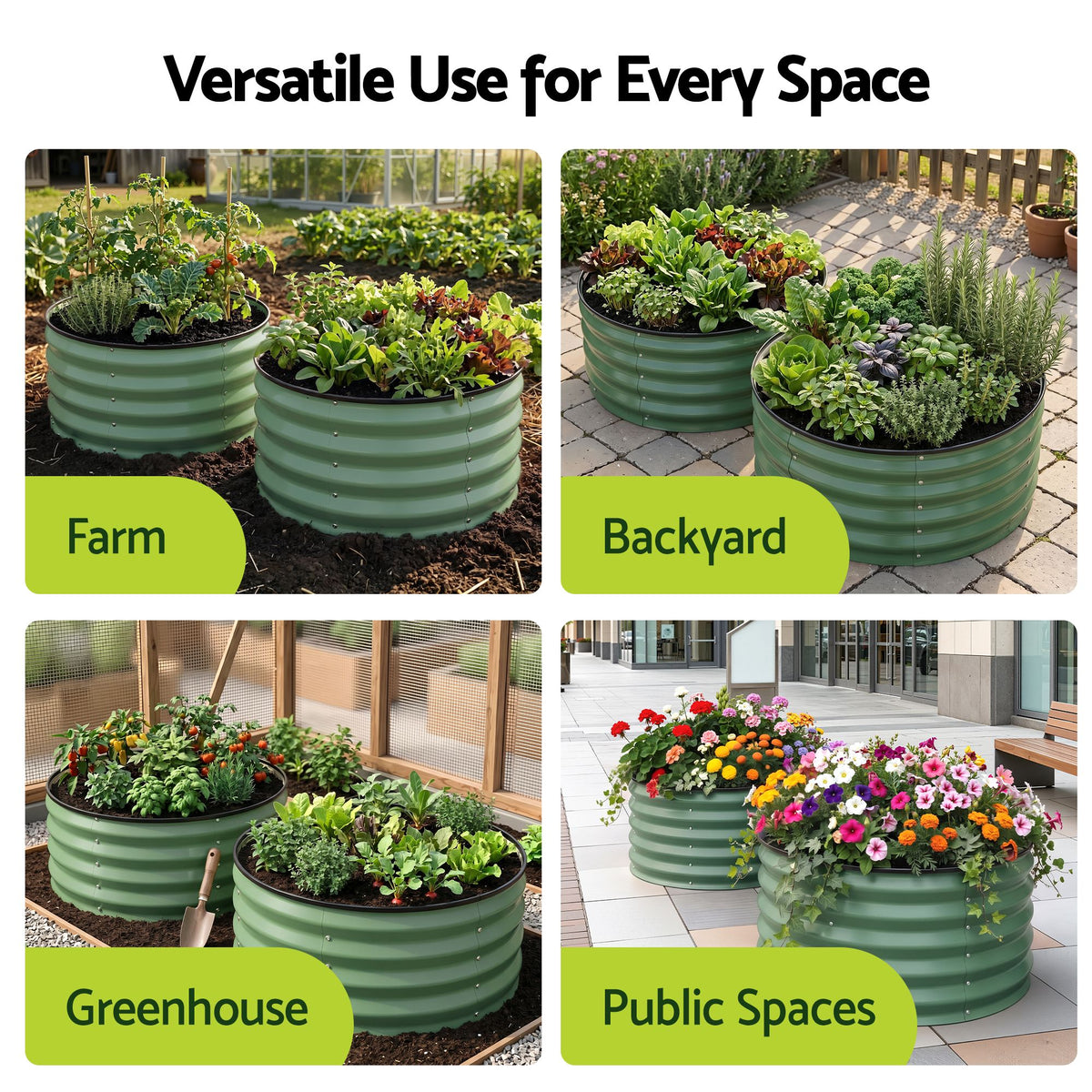 Green Fingers Round Raised Garden Bed 2 Pack Galvanised Planter Box Rust Resistant 60x60x30cm Green