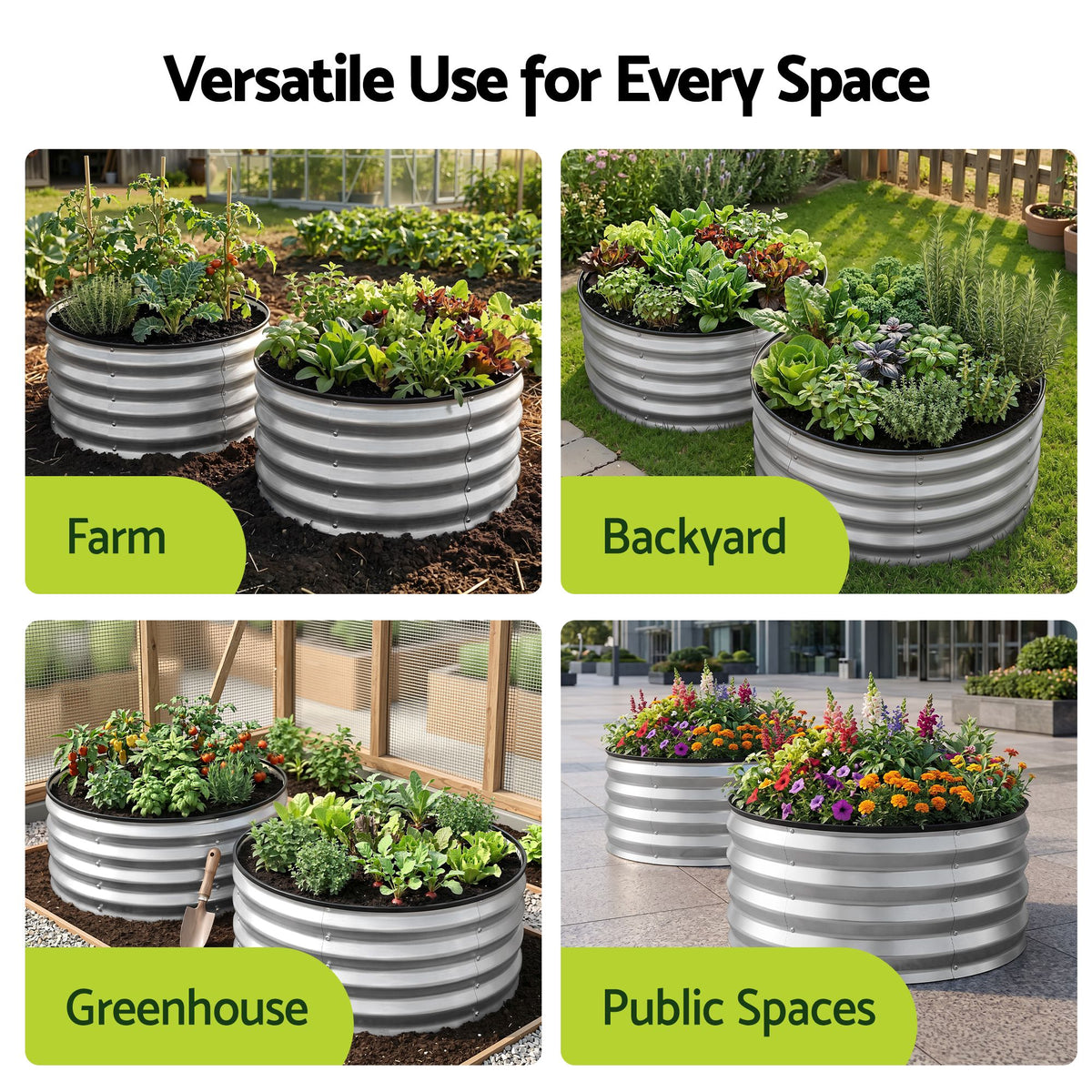 Green Fingers Round Raised Garden Bed 2 Pack Galvanised Planter Box Rust Resistant 60x60x30cm Silver