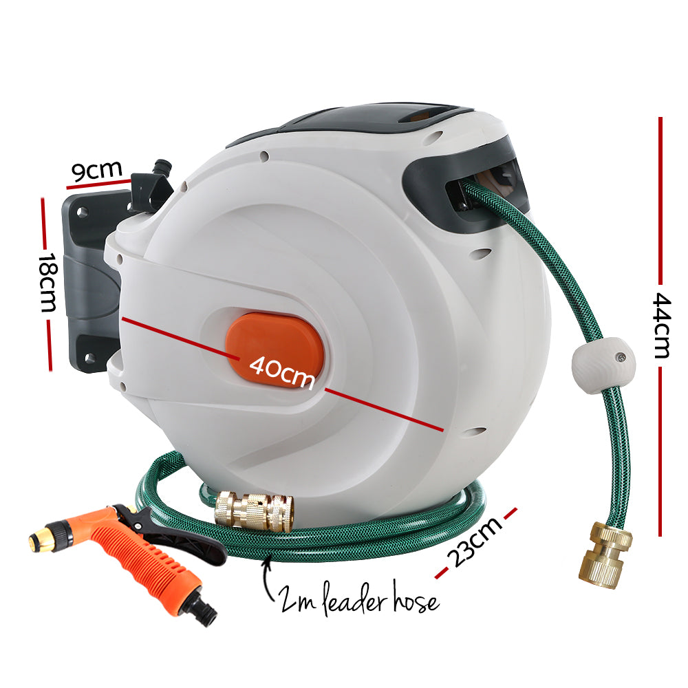 Green Fingers Water Hose Reel 30M Retractable Garden Brass Spray Gun Auto Rewind
