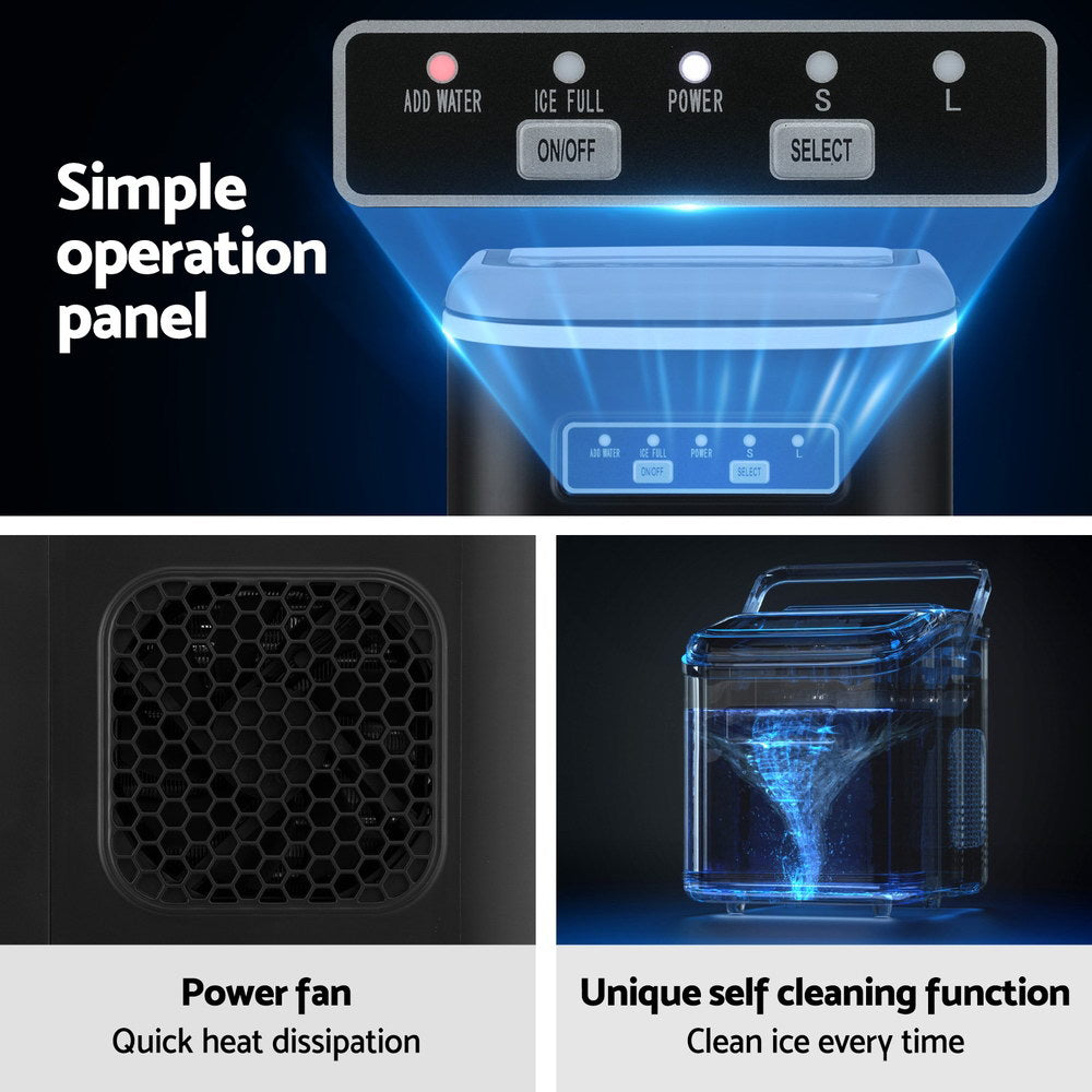 Devanti Ice Maker Machine Portable 12kg Countertop w/Self Cleaning 1.3L Black
