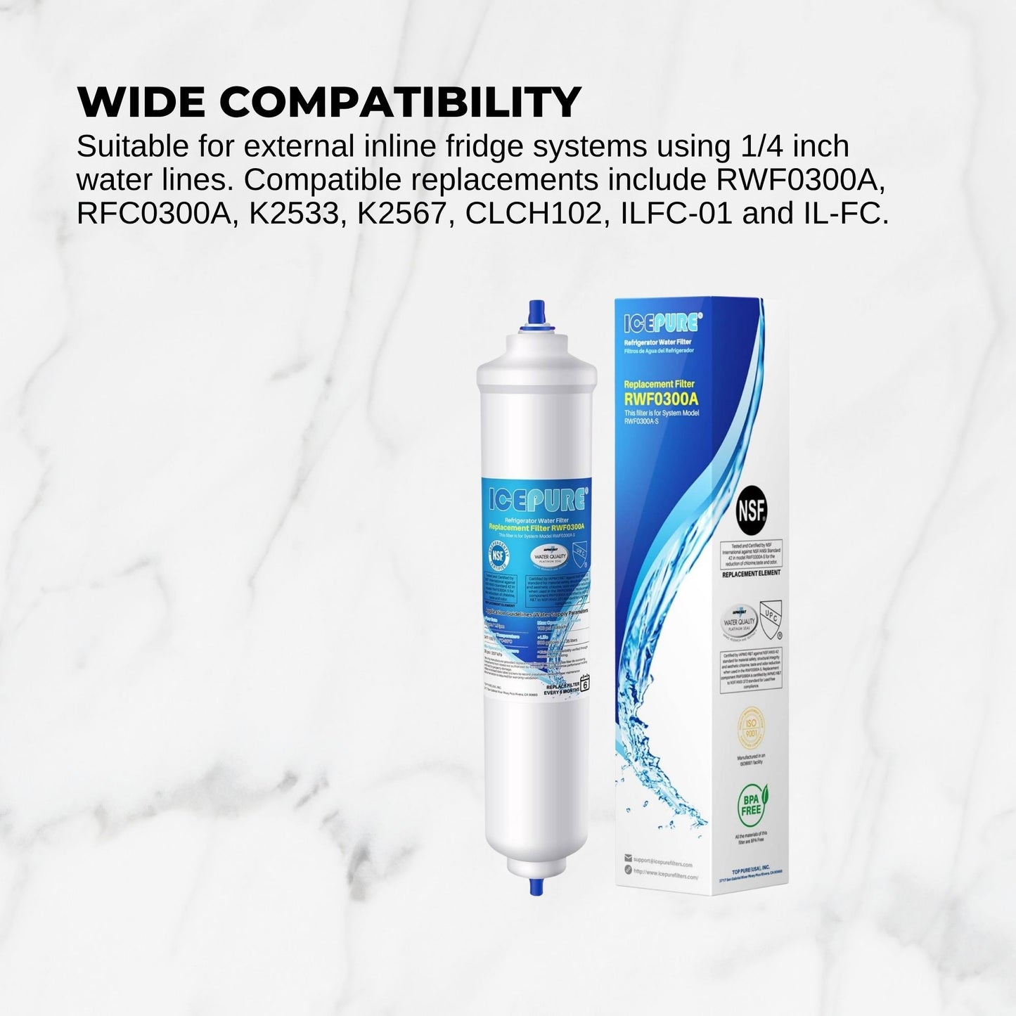 IcePure RWF0300A RFC0300A Inline Fridge Water Filter Replacement 1/4 Inch