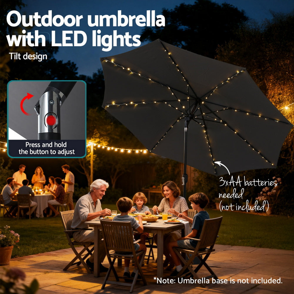 Instahut Outdoor Umbrella 2.9m Market Umbrella with String Light Tilt Charcoal Shade