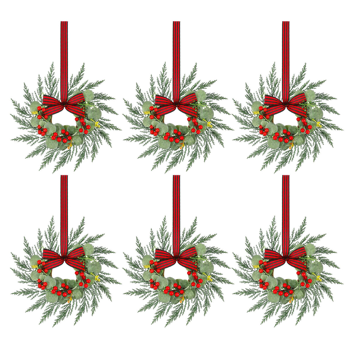 Jingle Jollys 6x Christmas Wreath Garland 26cm Wreaths Red Berries Bow