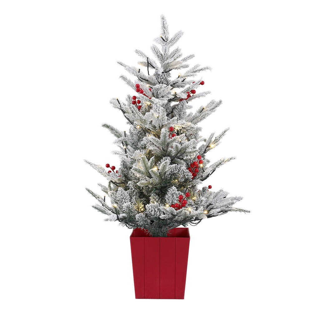 Jingle Jollys Christmas Tree 1M LED Potted Xmas Party Decor Red Barries Flocked