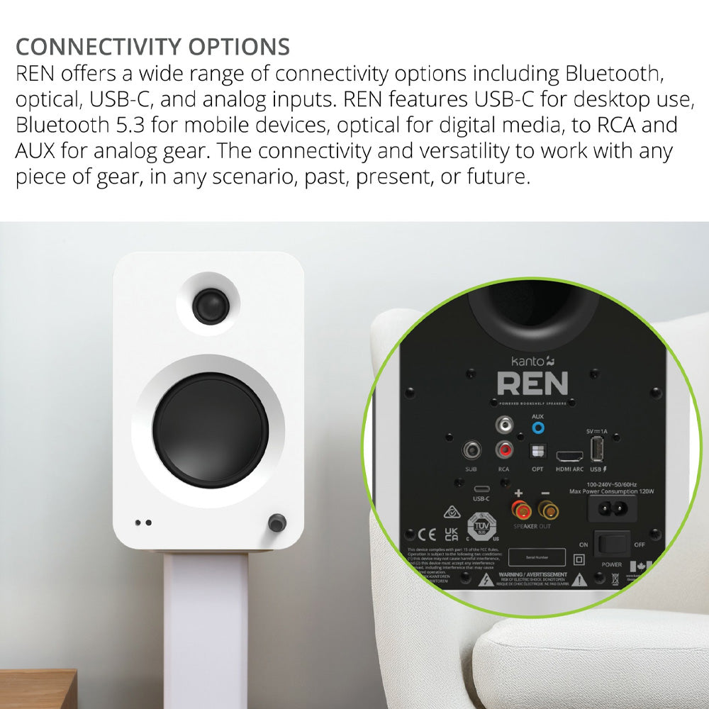 Kanto REN 200W Powered Bookshelf Speakers with HDMI ARC, USB-C, and Bluetooth 5.3 - Matte White, Pair