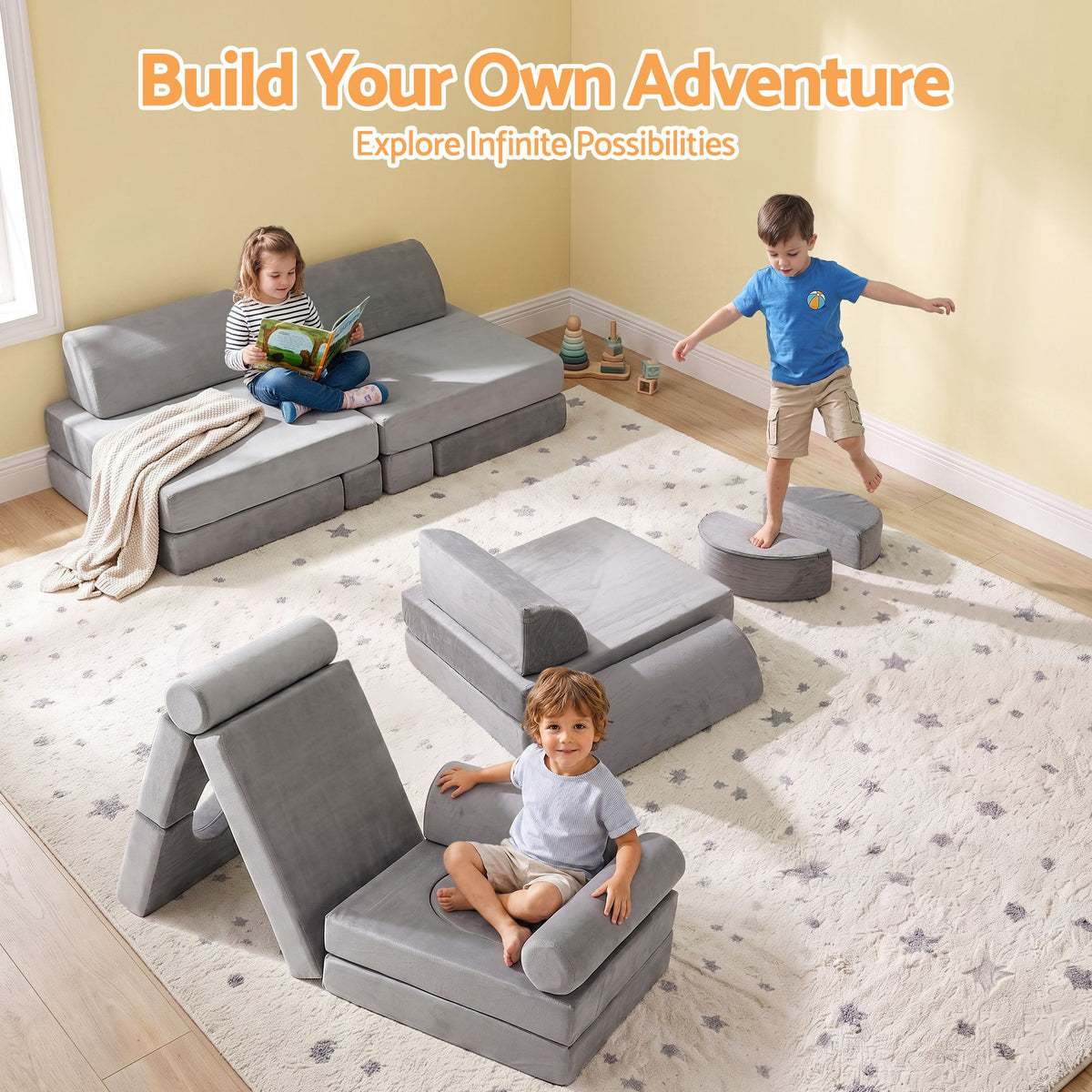 Keezi 12PCS Modular Kids Sofa Play Couch Foam Set with Removable Washable Cover Grey Playroom