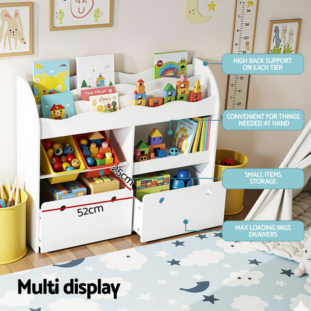 Keezi 3 Tiers Kids Bookshelf Storage Children Bookcase Toy Box Organiser Display White