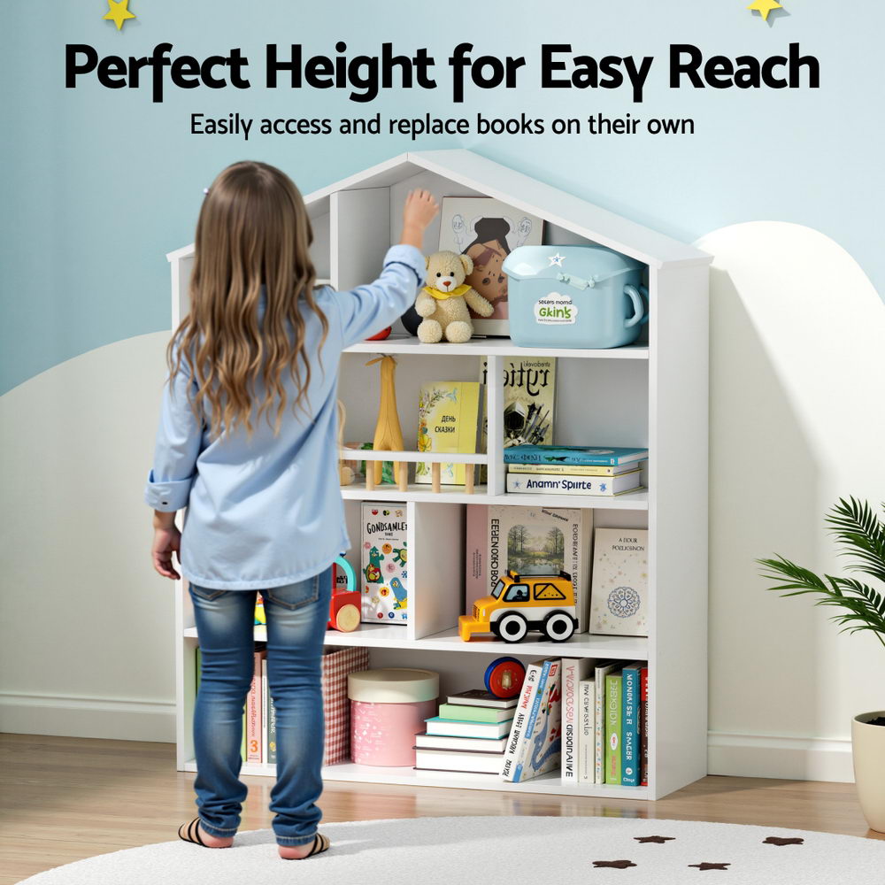 Keezi 4 Tiers Kids Bookshelf Wooden Bookcase Display Storage Organiser Cabinet White
