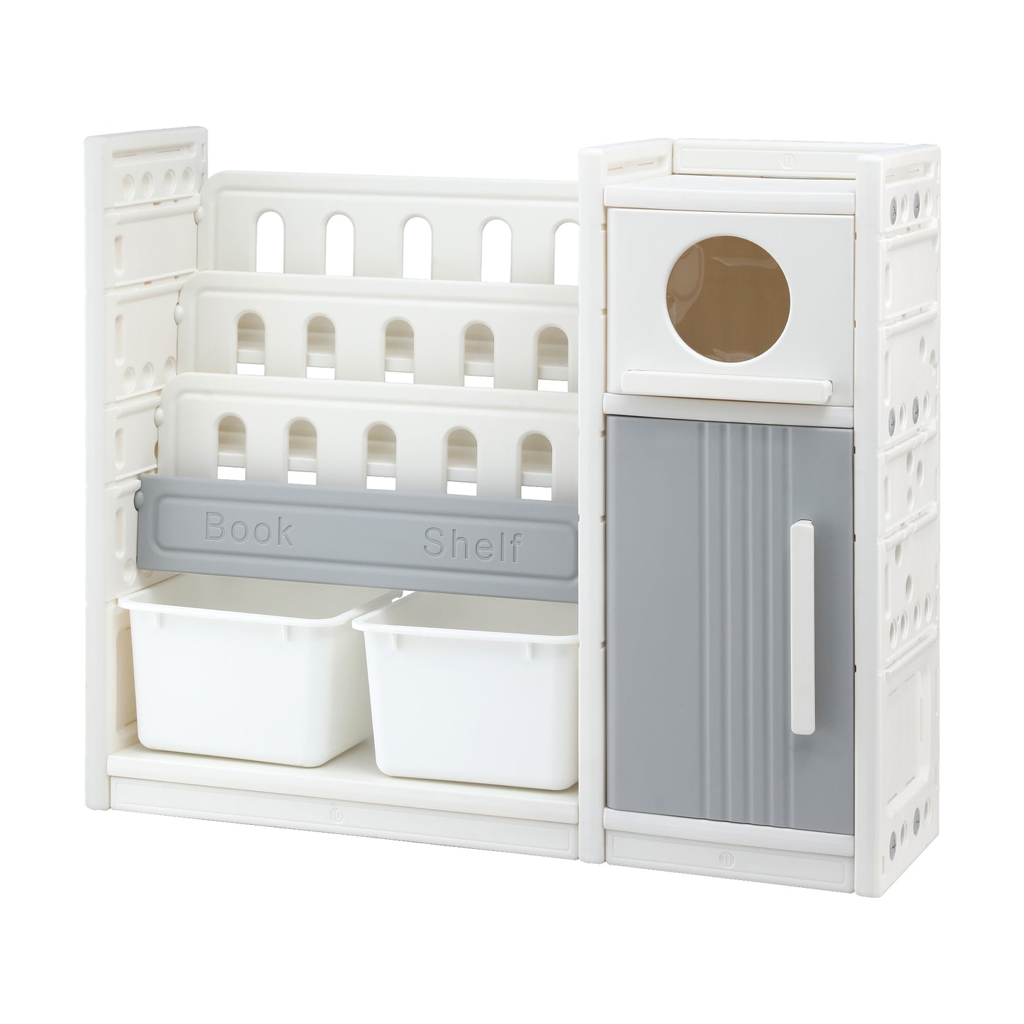 Keezi Kids Bookshelf and Toy Storage Organizer with 3-Tier Bookshelvs, 2 Removable Bins and 2 Storage Cabinets, Toddler Bookshelf with Toy Organizer for Kids' Rooms, Playrooms