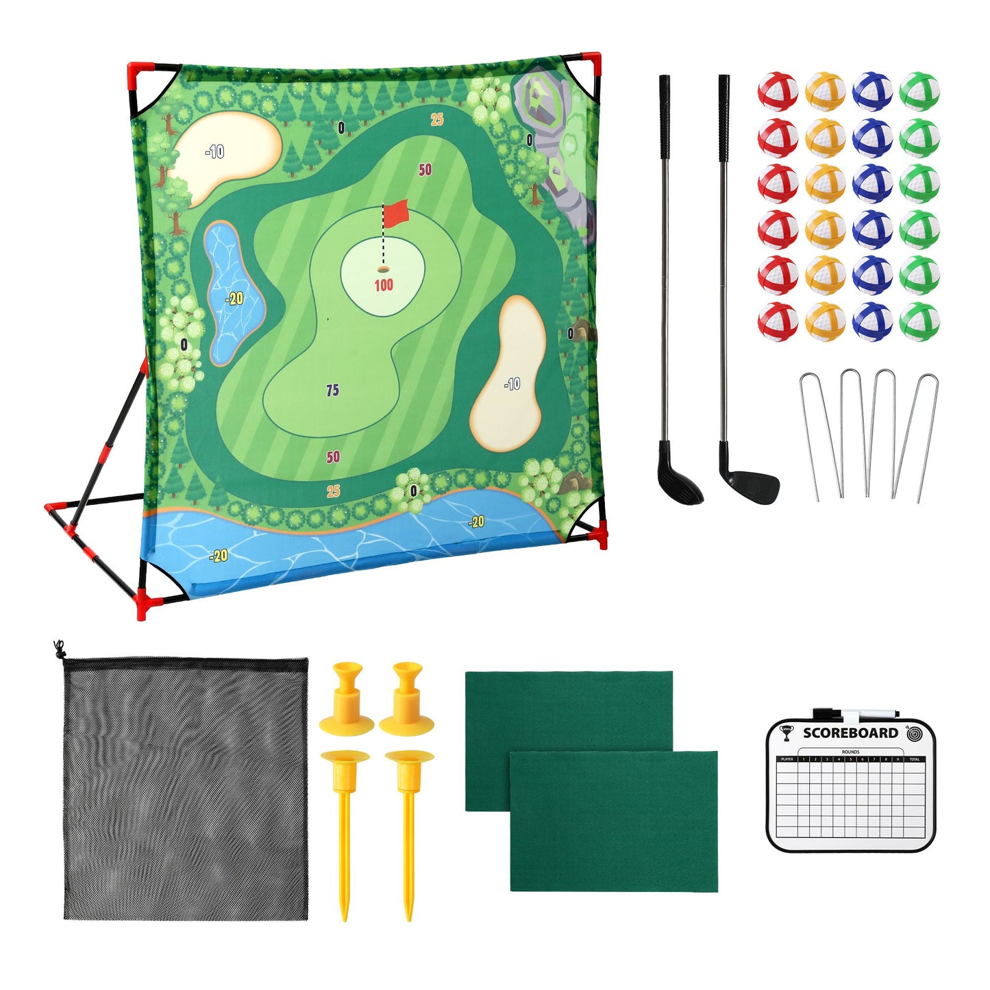 Keezi Kids Golf Play Set Chipping Game, 24 Sticky Balls, Adjustable Club & 2 Hitting Mats for Indoor Outdoor Ages 3-12 Play