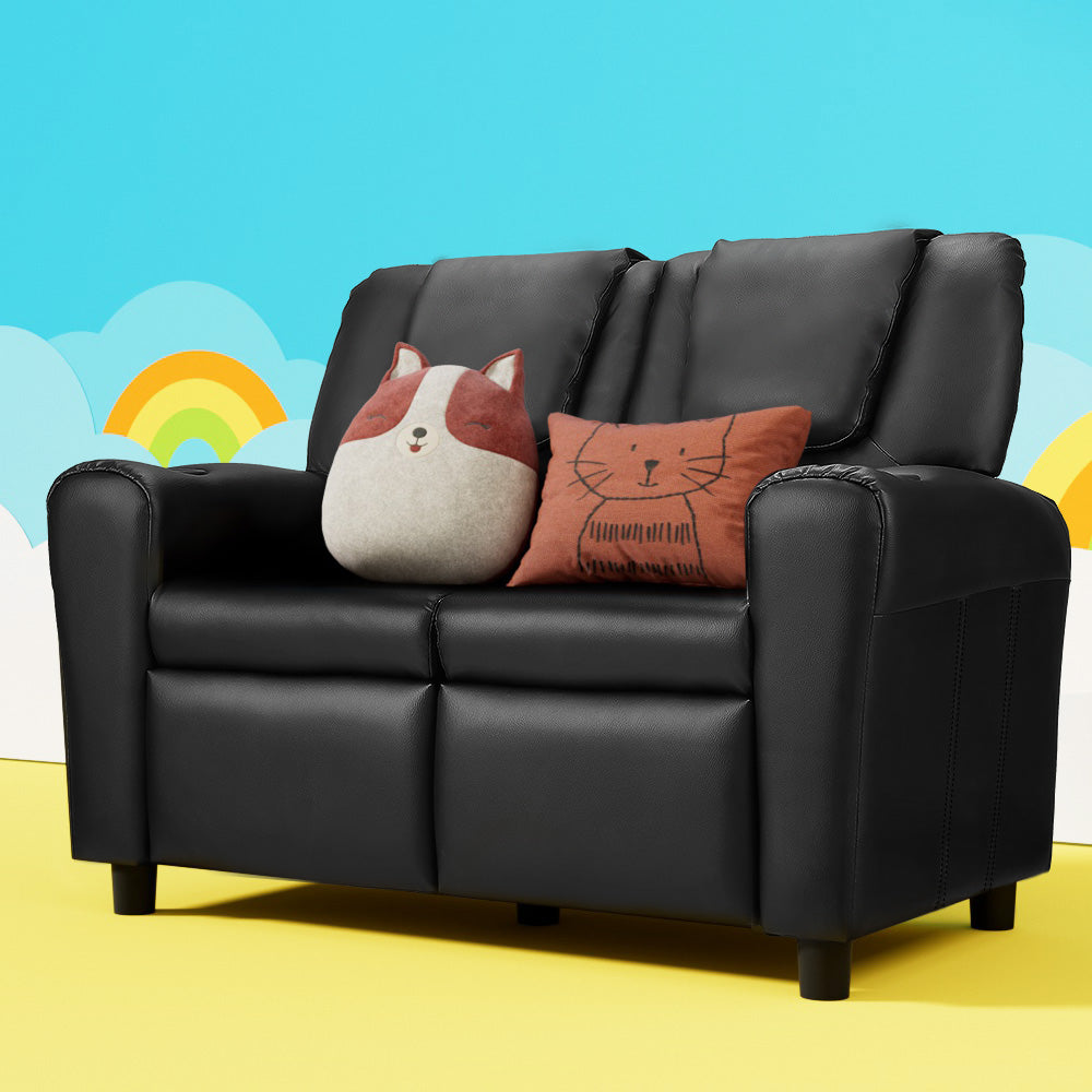 Keezi Kids Recliner Chair 2 Seats PU Leather Sofa Lounge Couch Armchair Black