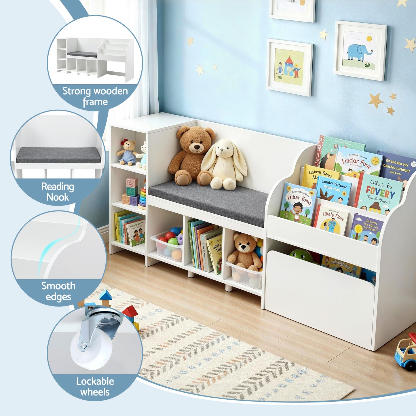 Keezi Kids Storage Unit Bookshelf Toy Box Organiser Bench Seat Cabinet 170cm White