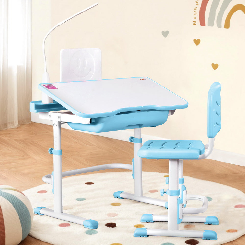 Keezi Kids Table and Chair Set Adjustable Study Desk w/ LED Lamp Reading Blue