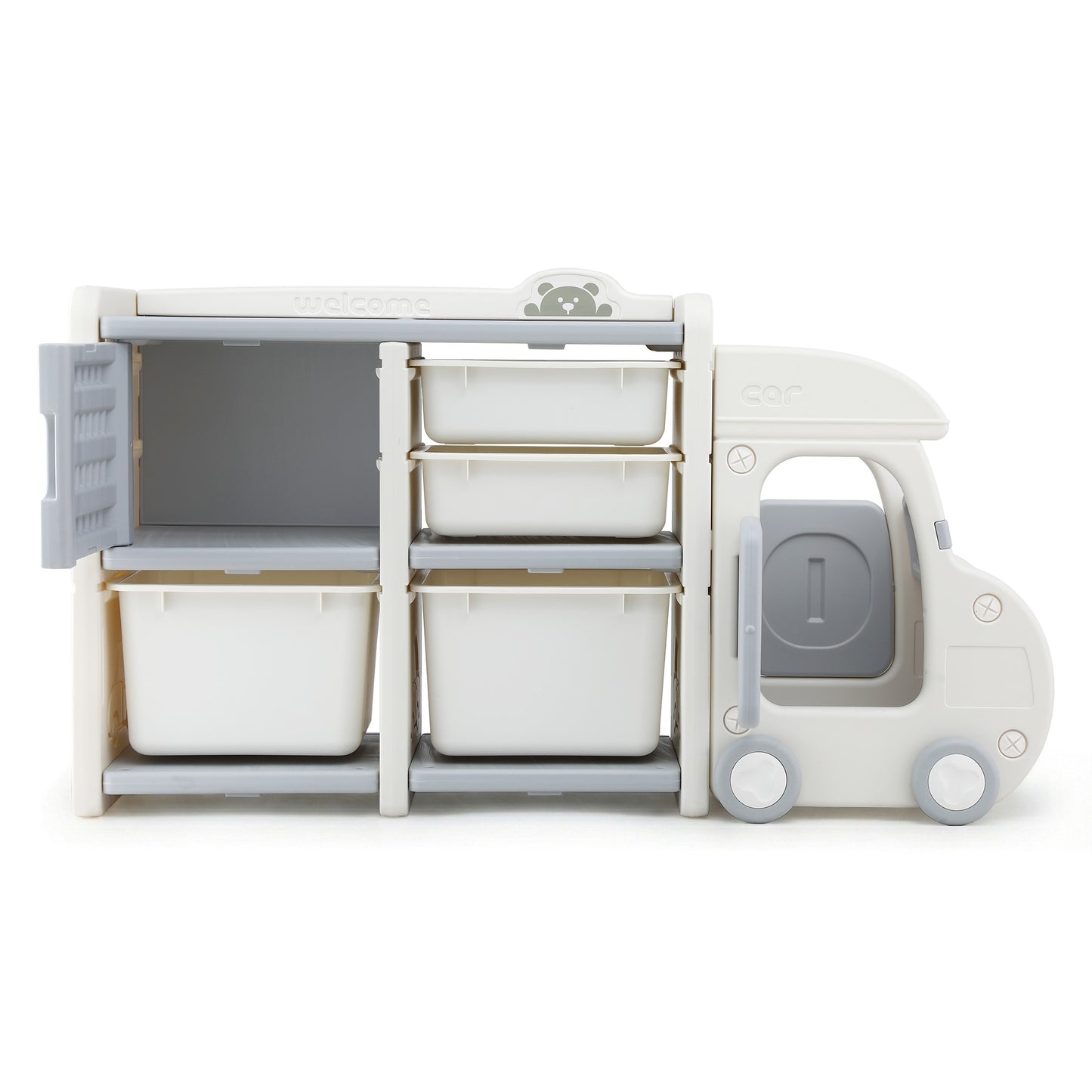 Keezi Toy Storage Organizer with 4 Storage Bins and Cabinet, Bookcase Kids Toys Box, Toy Storage for Kids Room, Playroom, Bedroom, Nursery, Car Shaped