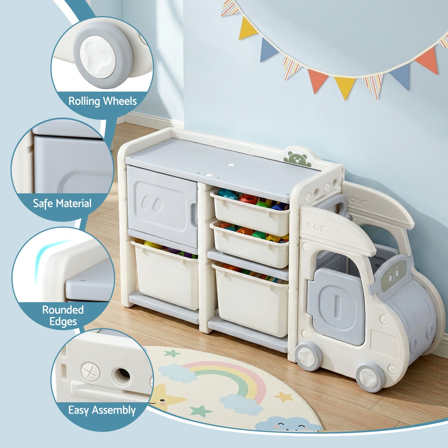 Keezi Toy Storage Organizer with 4 Storage Bins and Cabinet, Bookcase Kids Toys Box, Toy Storage for Kids Room, Playroom, Bedroom, Nursery, Car Shaped
