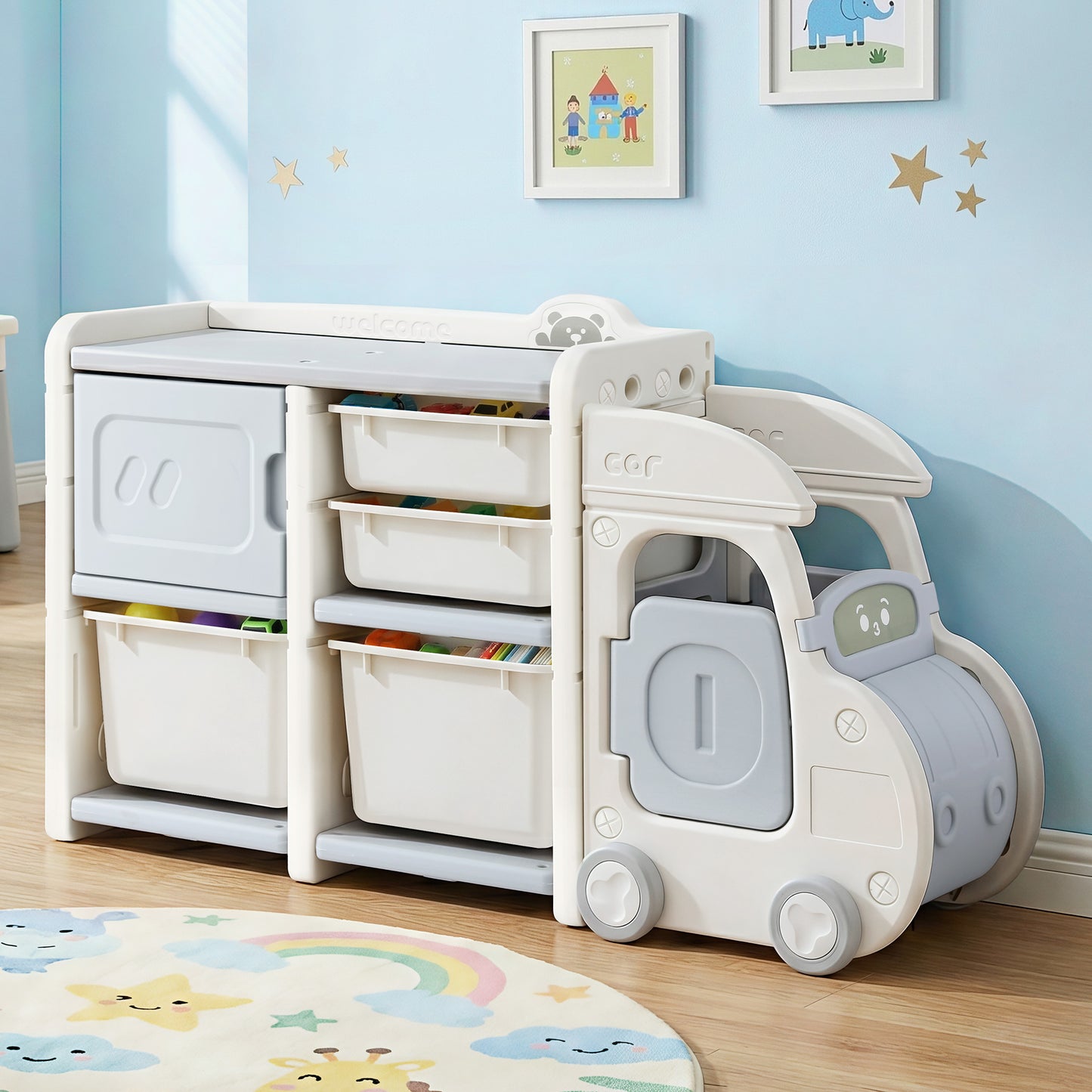 Keezi Toy Storage Organizer with 4 Storage Bins and Cabinet, Bookcase Kids Toys Box, Toy Storage for Kids Room, Playroom, Bedroom, Nursery, Car Shaped