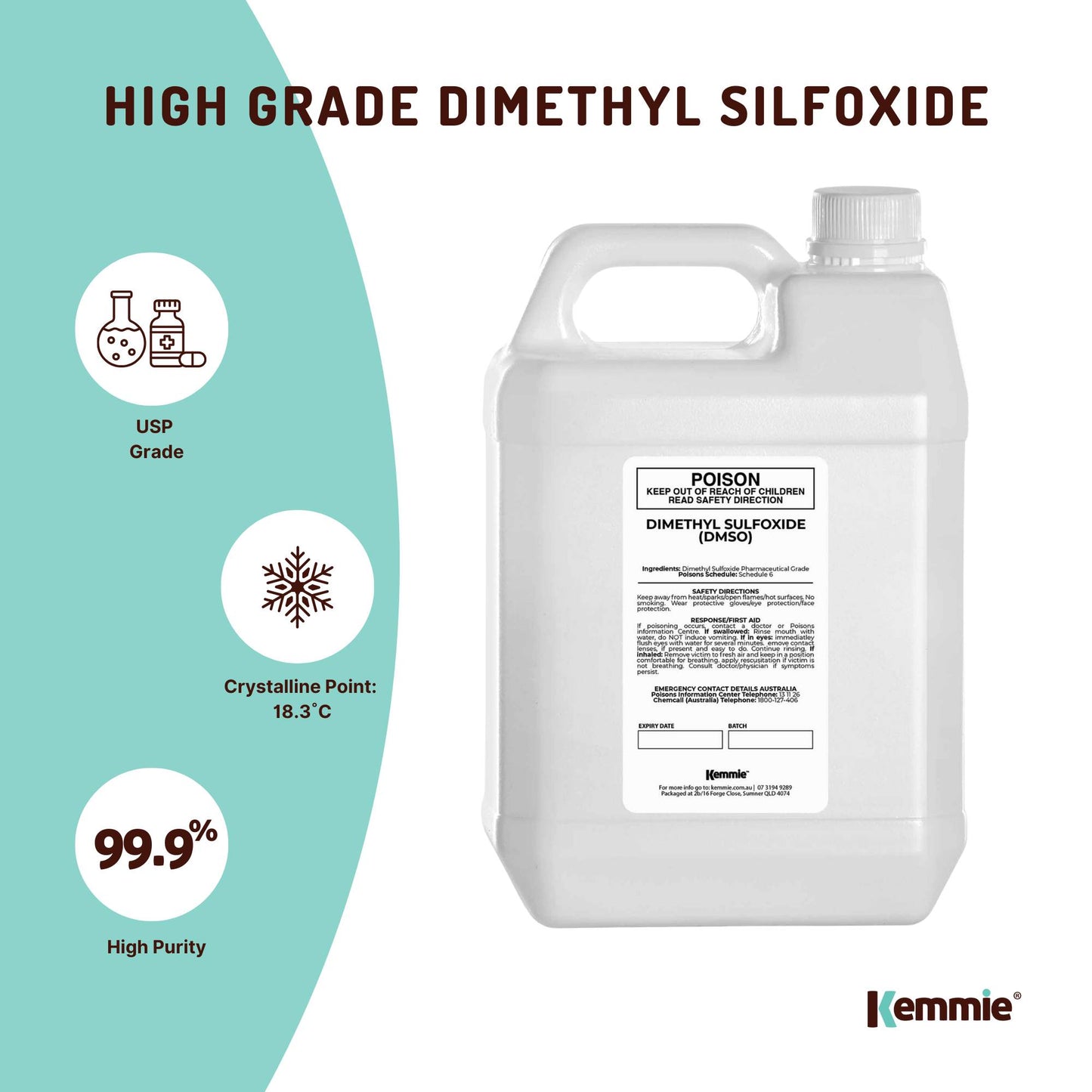 Kemmie 5L DMSO Liquid 99.9% Pure USP Grade Dimethyl Sulfoxide Solvent Bulk