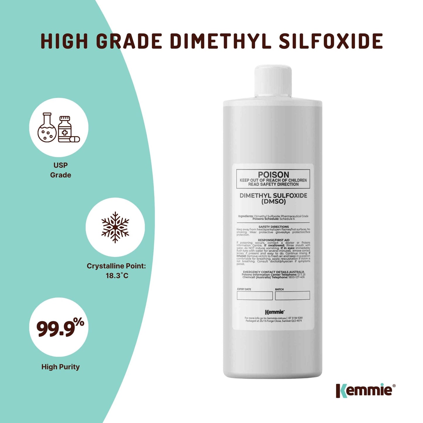 Kemmie 250ml DMSO Liquid 99.9% Pure - USP Grade Dimethyl Sulfoxide Solvent
