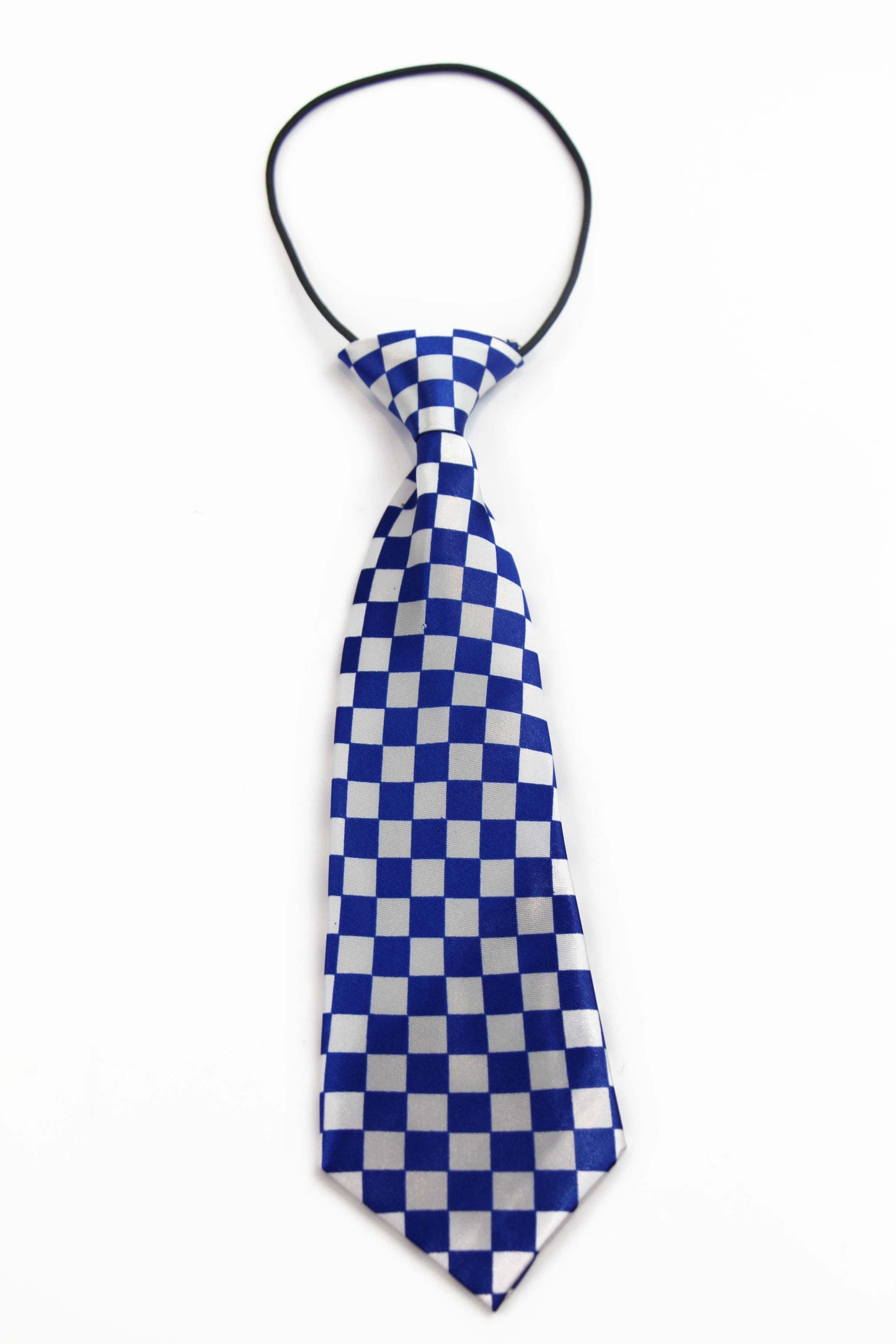 Kids Boys Blue & White Patterned Elastic Neck Tie - Small Checkers