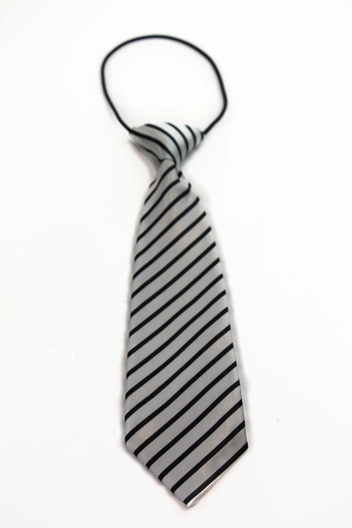 Kids Boys White & Black Patterned Elastic Neck Tie - White Diagonal Stripe