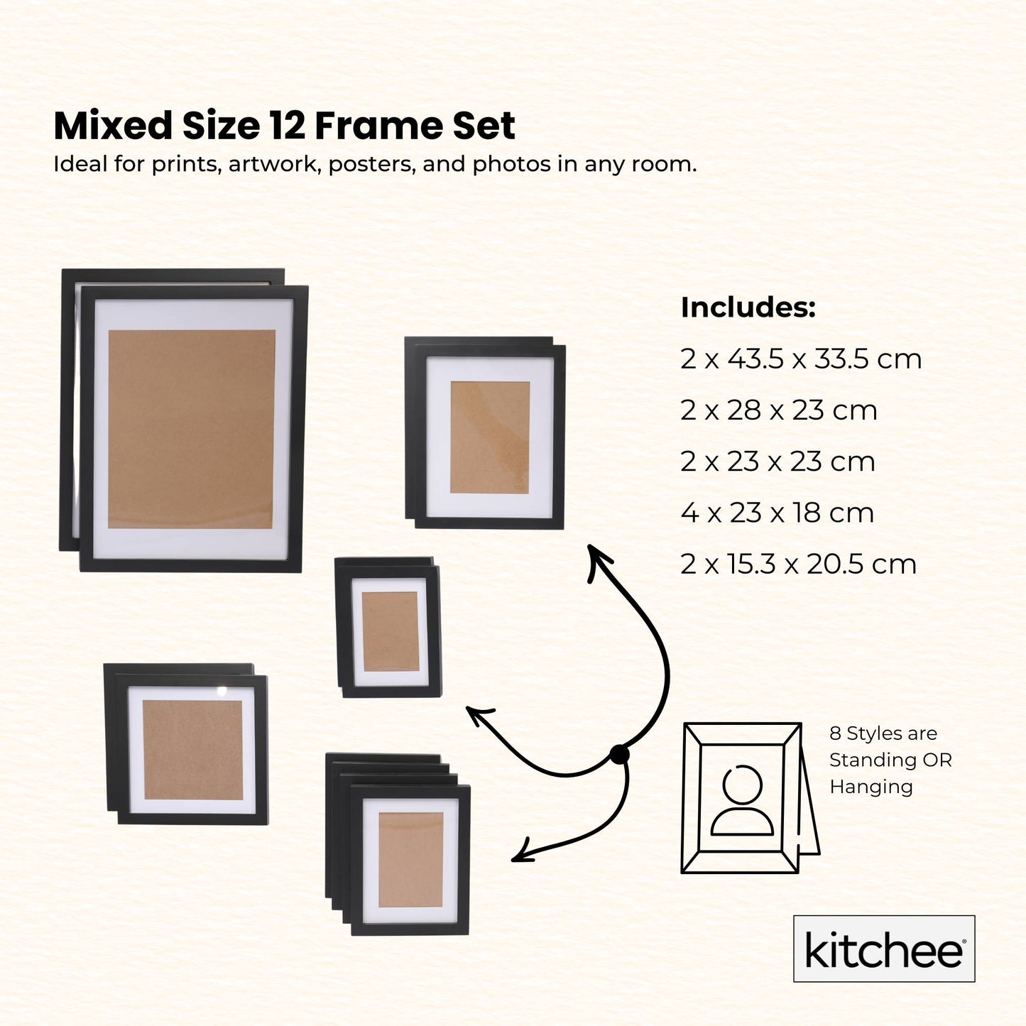 Kitchee 12 Pieces Photo Frame Set - Modern Gallery Wall Mixed Sizes Matt Black