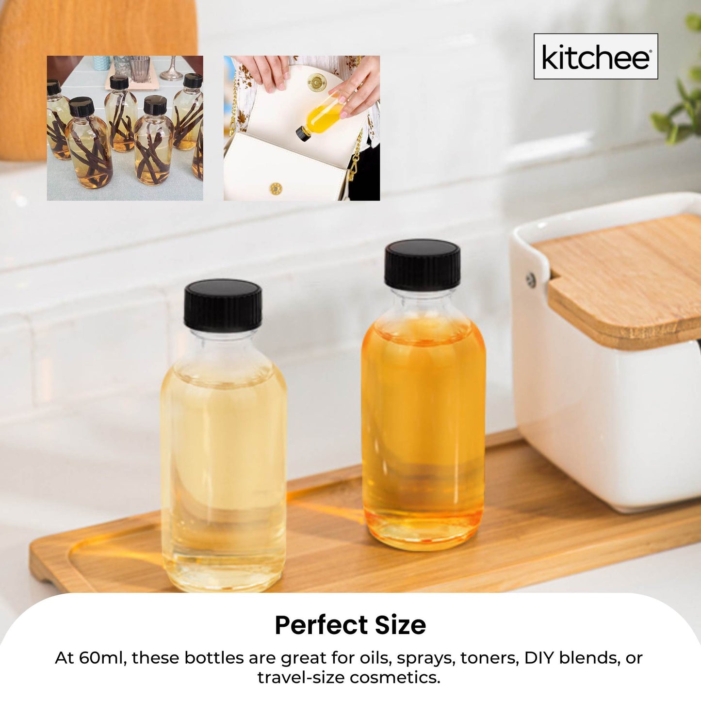 Kitchee 12x 60ml Small Glass Bottles + Lids Funnels Brush Labels Pen