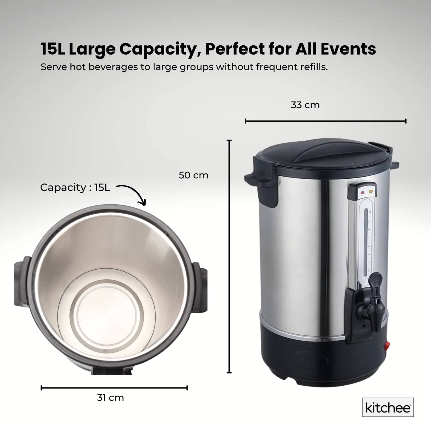 Kitchee 15L Electric Water Boiler - Stainless Steel Commercial Hot Liquid Urn