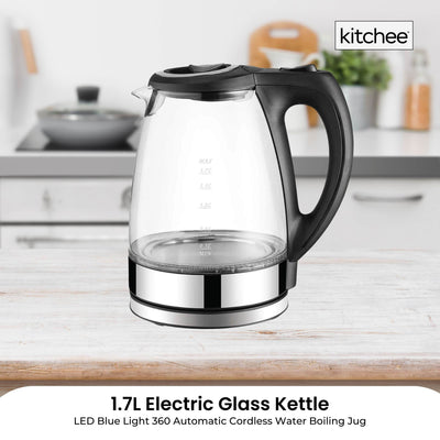 Kitchee 1.7L Glass Electric Kettle LED Light Cordless 360 Water Boiling Jug