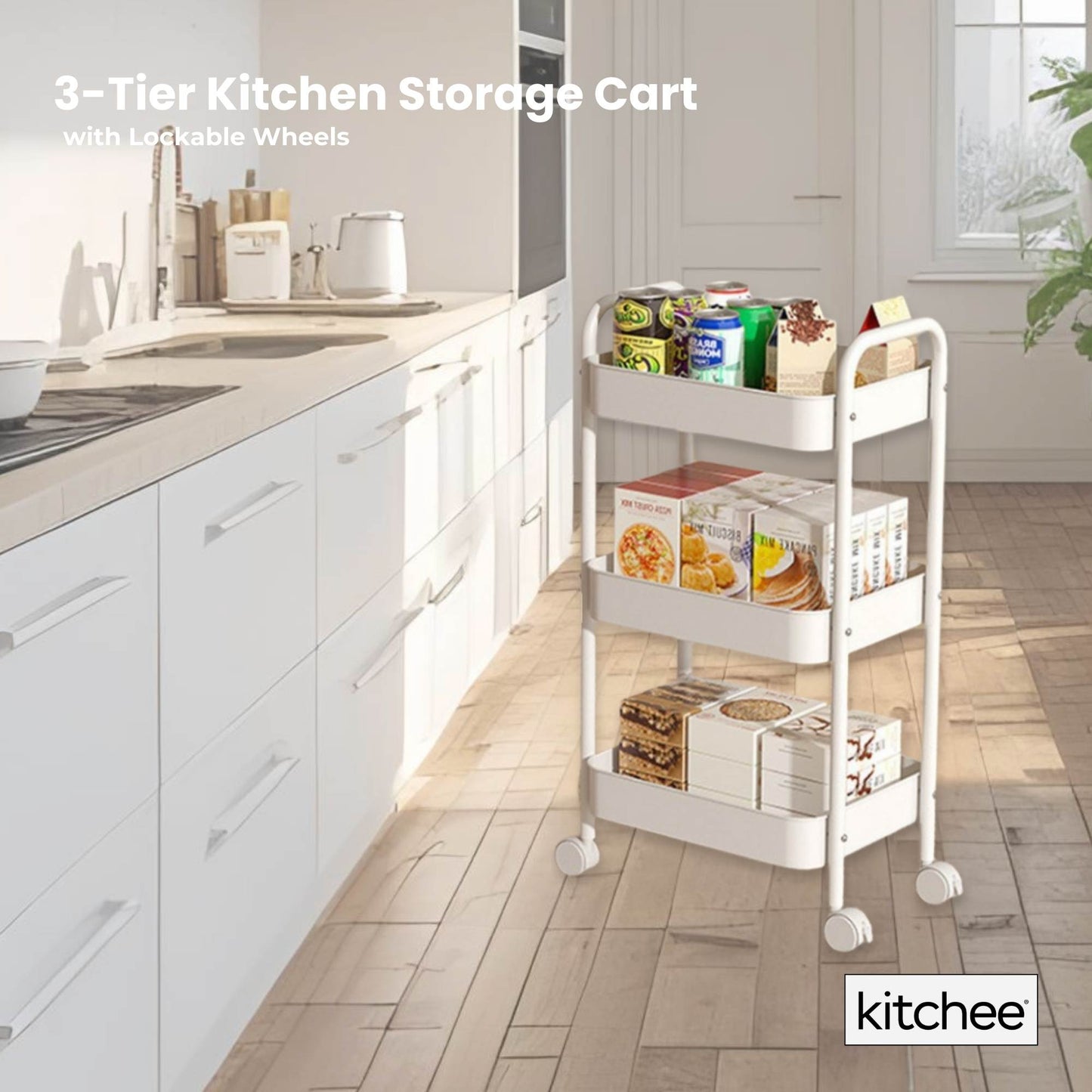 Kitchee 3-Tier Kitchen Storage Cart Trolley with Wheels - Shelf Organiser WHITE