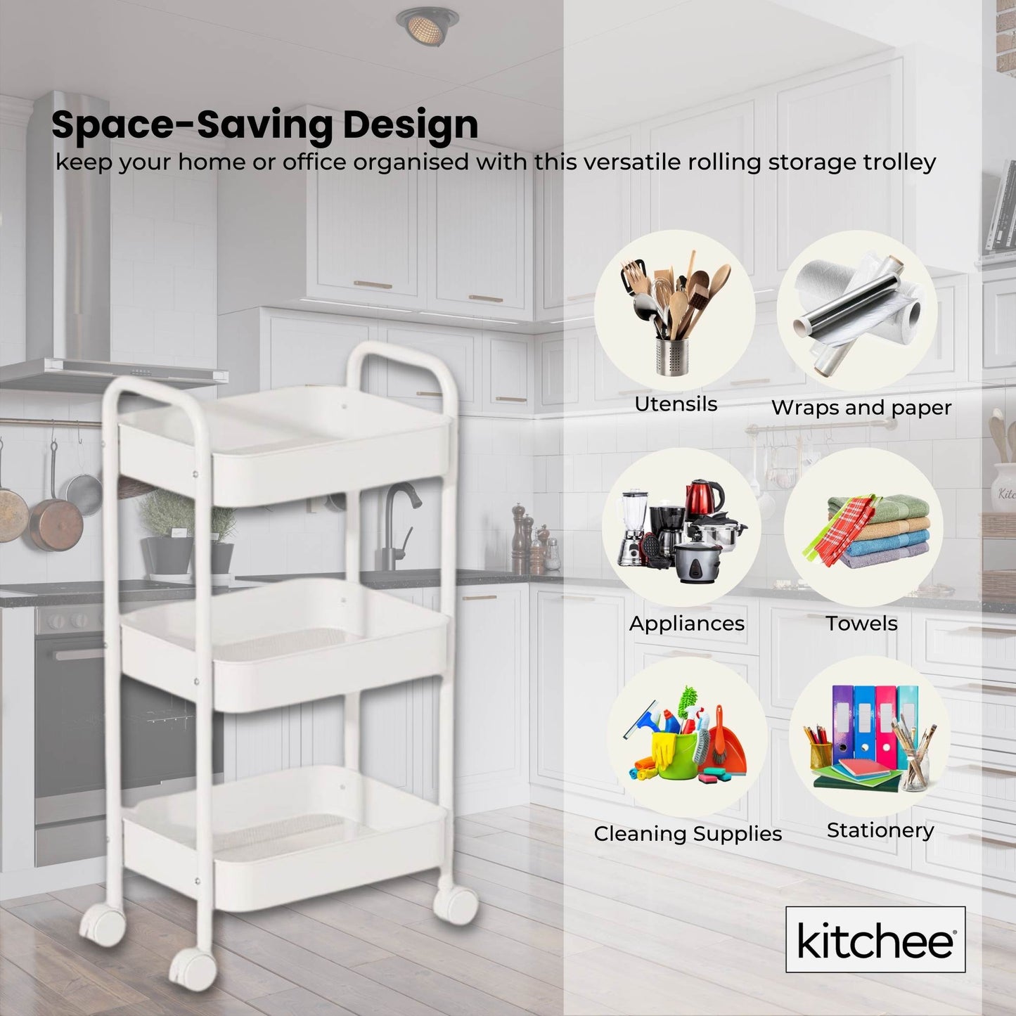 Kitchee 3-Tier Kitchen Storage Cart Trolley with Wheels - Shelf Organiser WHITE