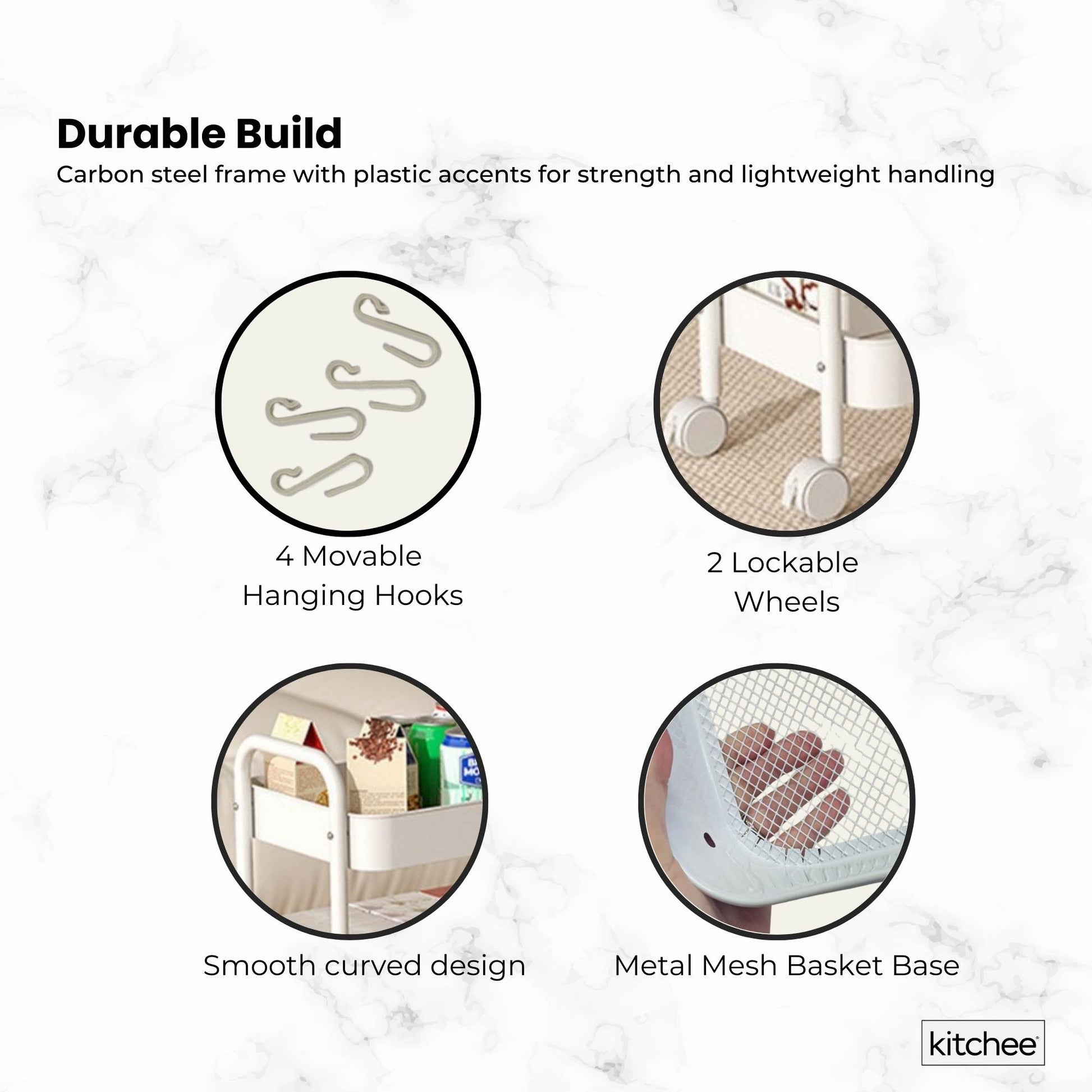 Kitchee 3-Tier Kitchen Storage Cart Trolley with Wheels - Shelf Organiser WHITE