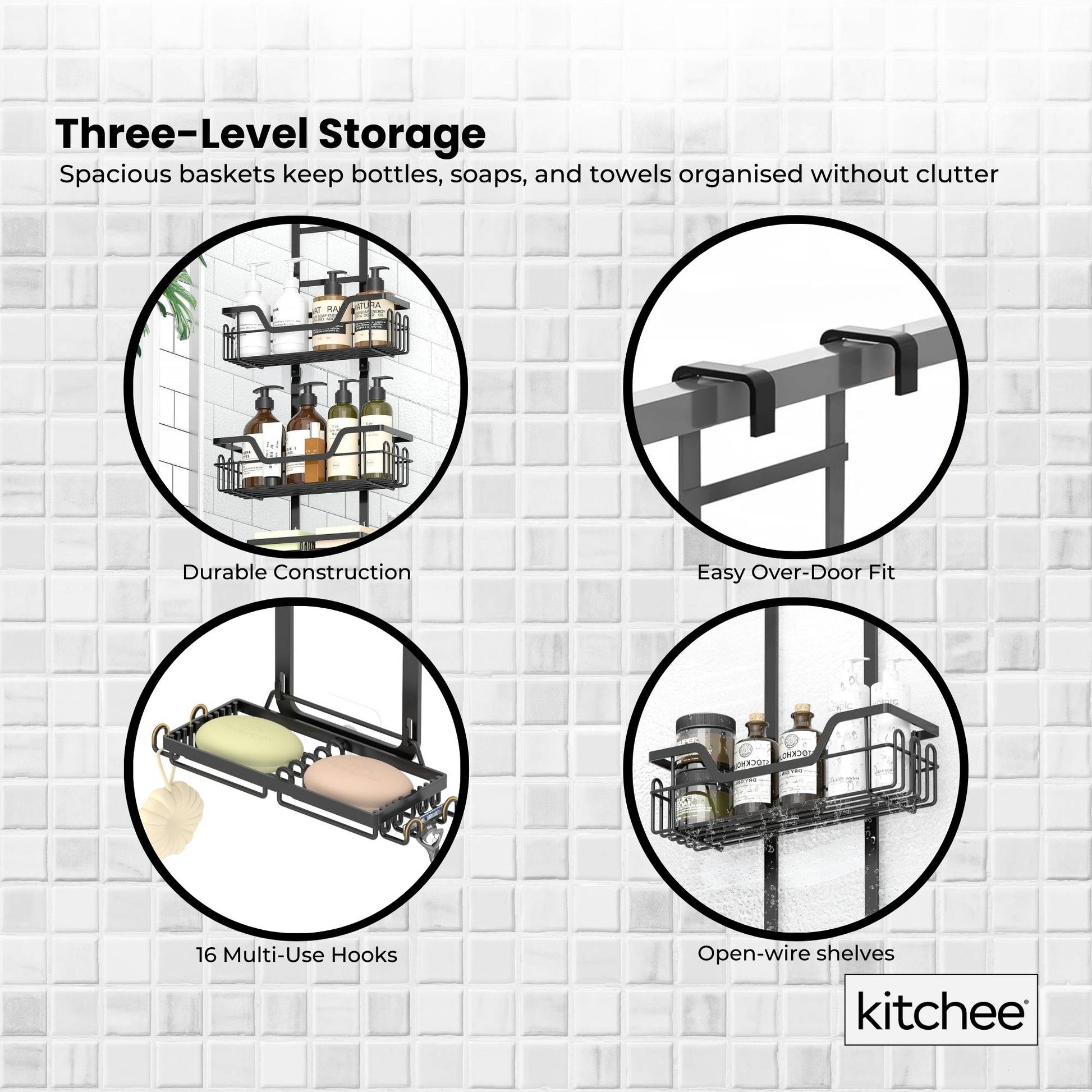 Kitchee 3 Tier Shower Caddy Over Door Bathroom Hanging Shelf Storage Rack Black