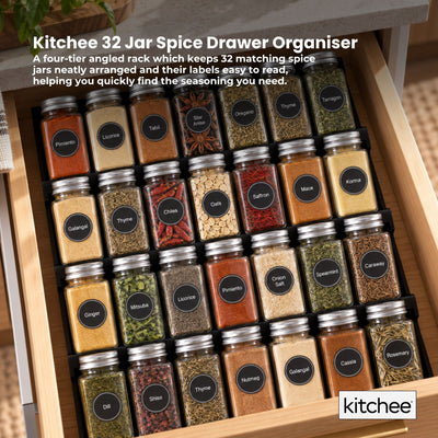 Kitchee 32 Jar Spice Drawer Organiser Insert 4 Tier Kitchen Rack and Labels