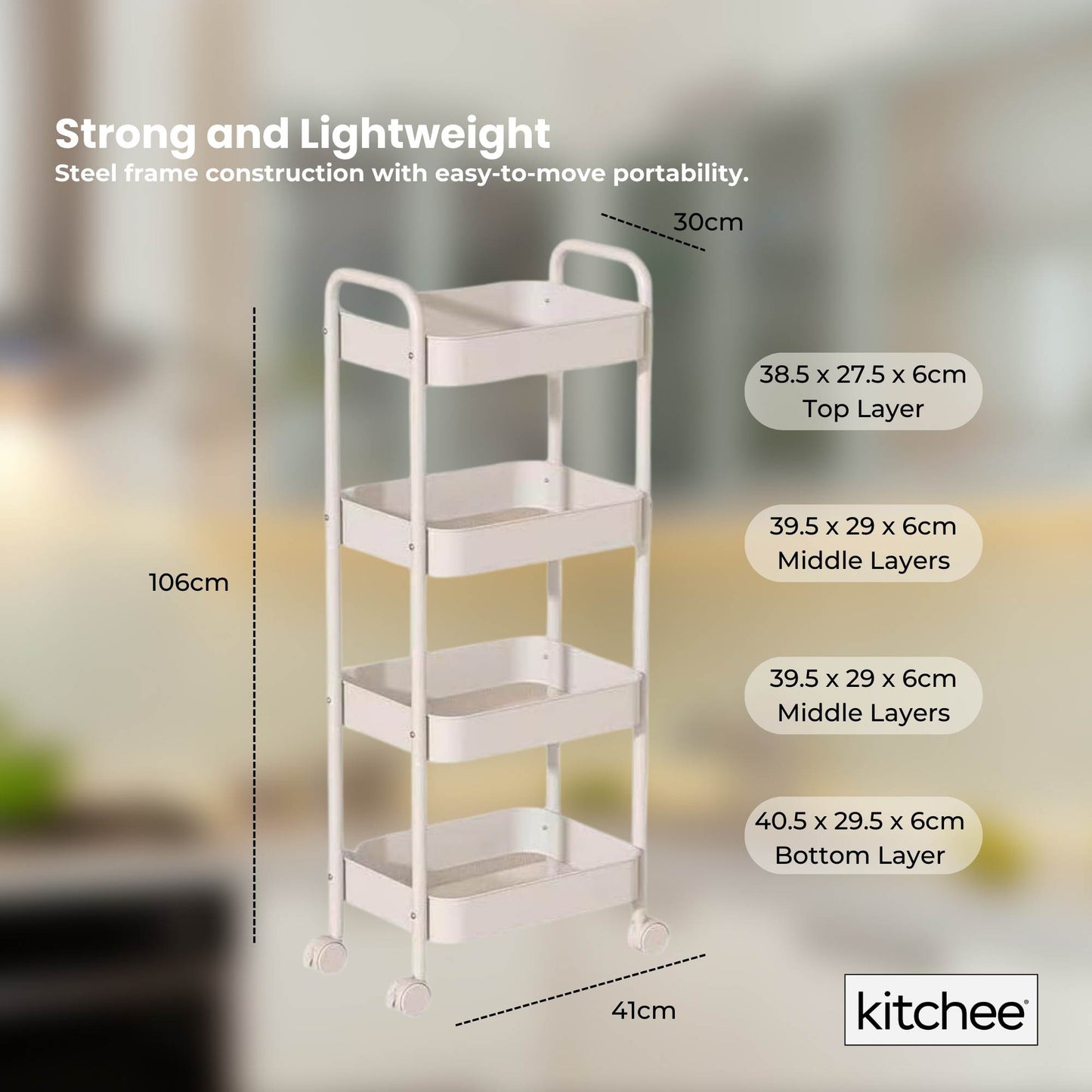 Kitchee 4-Tier Kitchen Storage Cart Trolley with Wheels - Shelf Organiser WHITE