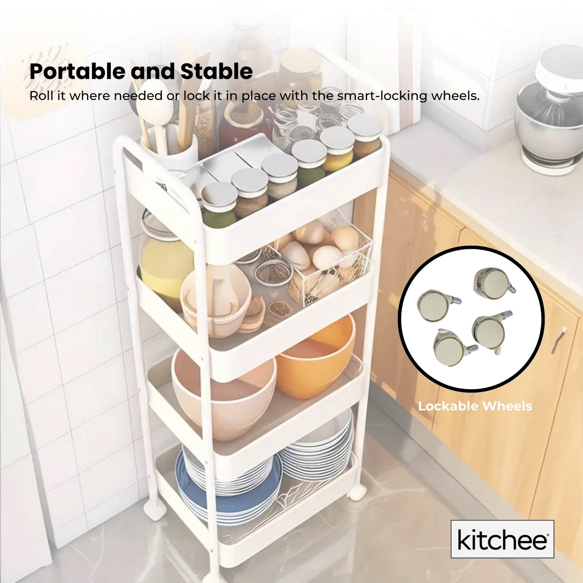 Kitchee 4-Tier Kitchen Storage Cart Trolley with Wheels - Shelf Organiser WHITE