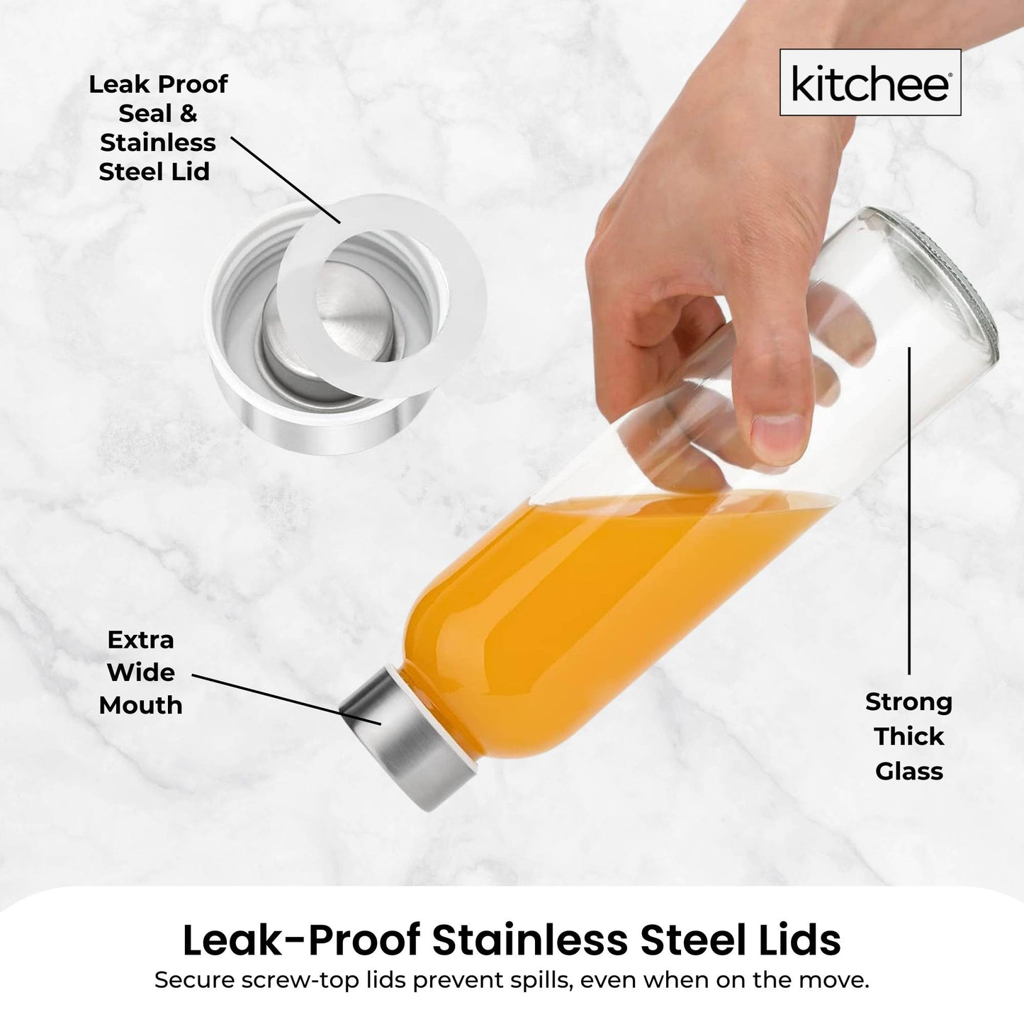 Kitchee 500ml Glass Water Drink Bottle with Stainless Steel Lid - Set of 6