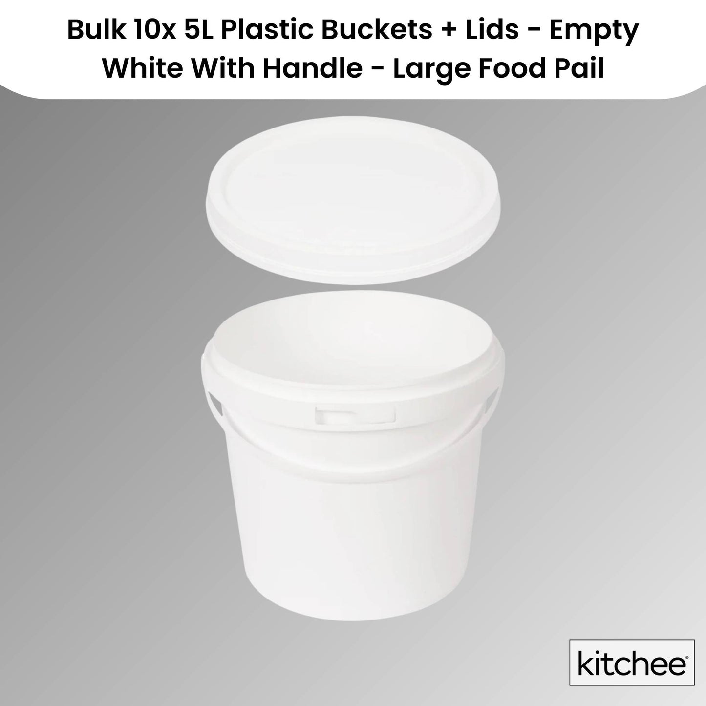 Kitchee Bulk 10x 5L Plastic Buckets + Lids - Empty White With Handle Large Pail