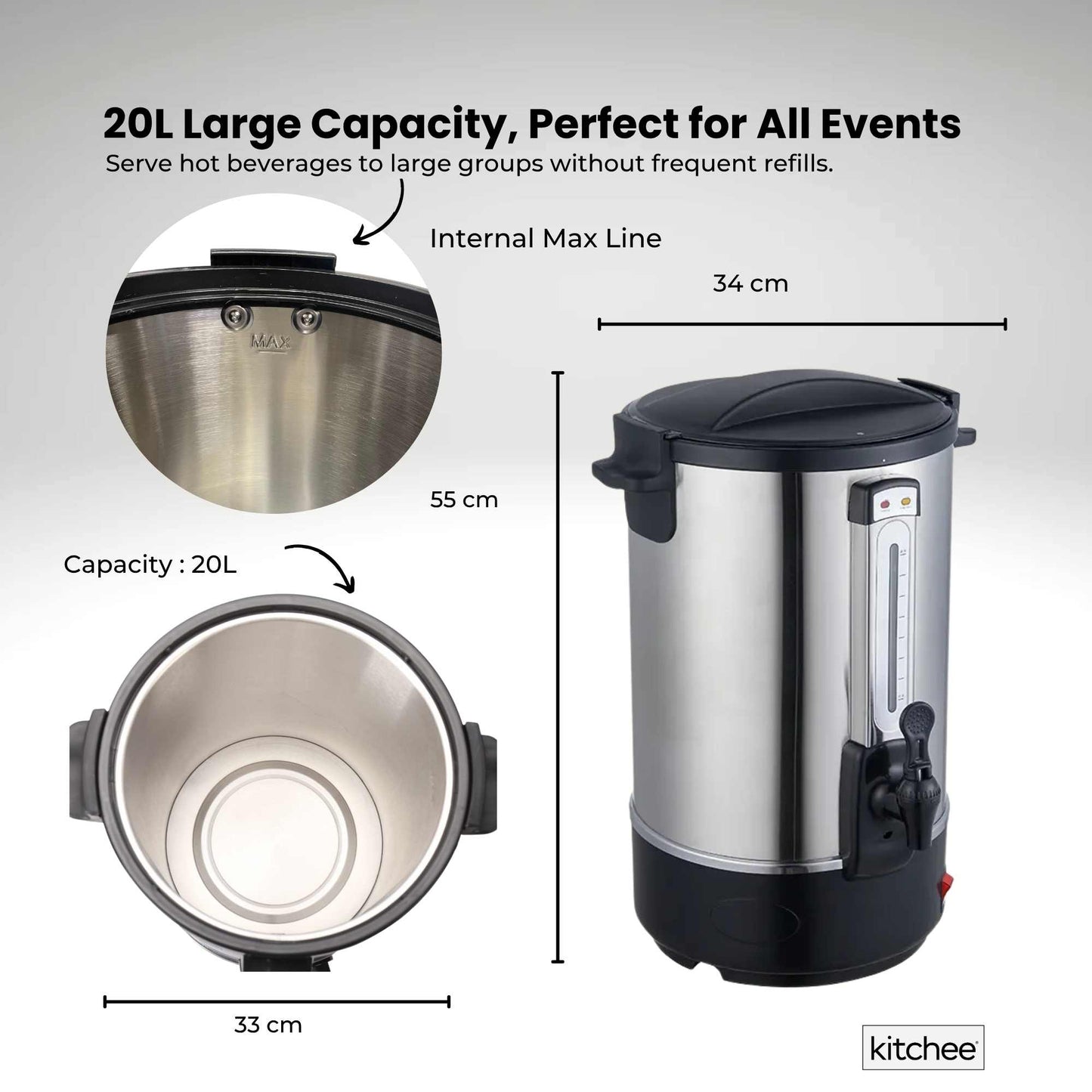 Kitchee Electric Stainless Steel Water Boiler - Commercial Hot Liquid Urn