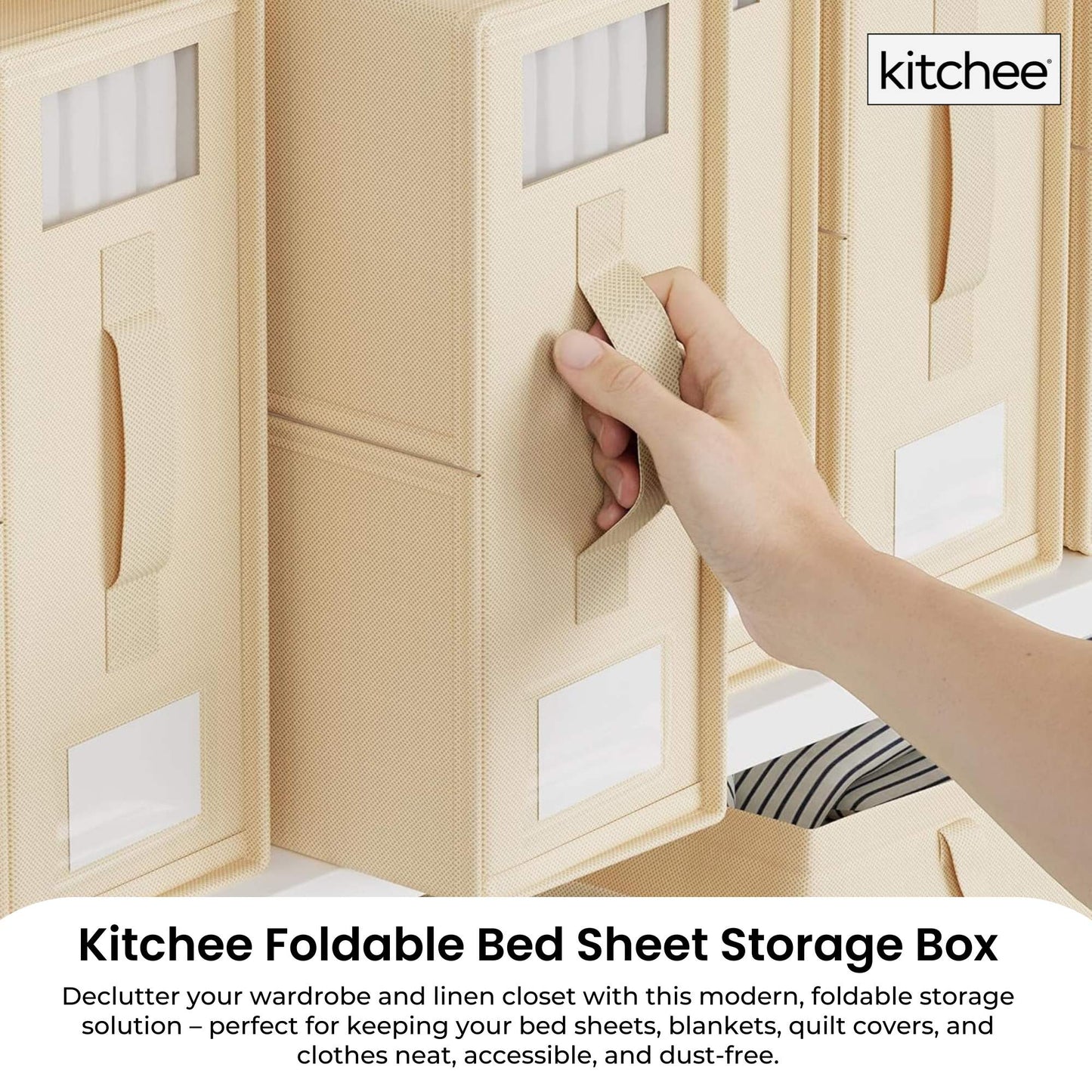 Kitchee Foldable Bed Sheet Storage Boxes – Linen Blanket & Closet Organiser Beige