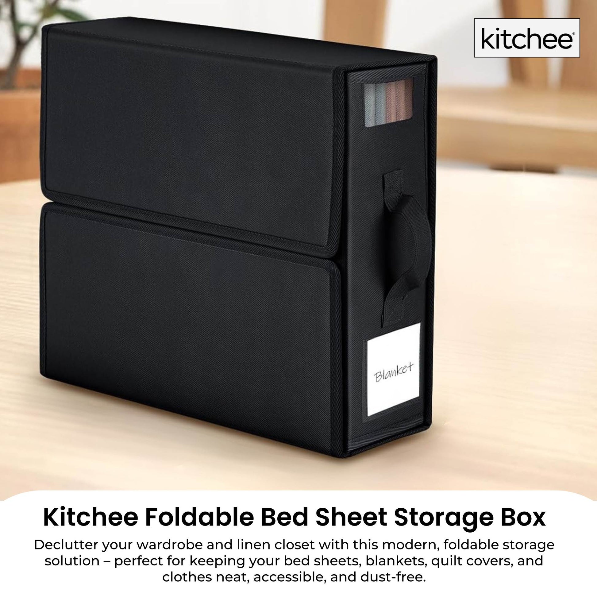 Kitchee Foldable Bed Sheet Storage Boxes – Linen Blanket & Closet Organiser Black