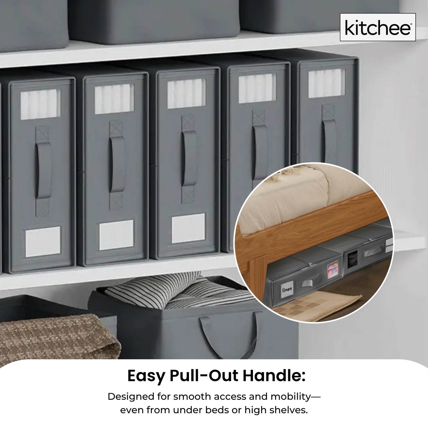 Kitchee Foldable Bed Sheet Storage Boxes – Linen Blanket & Closet Organiser Grey