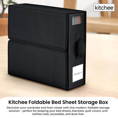 Kitchee Foldable Bed Sheet Storage Boxes - Linen Blanket and Closet Organiser Black