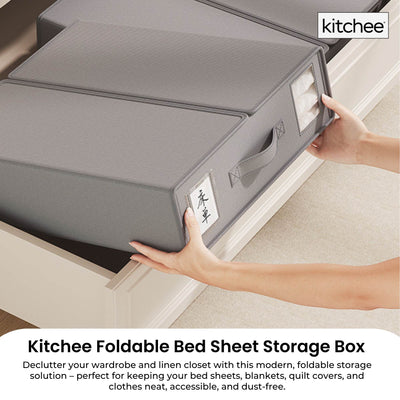 Kitchee Foldable Bed Sheet Storage Boxes - Linen Blanket and Closet Organiser Grey