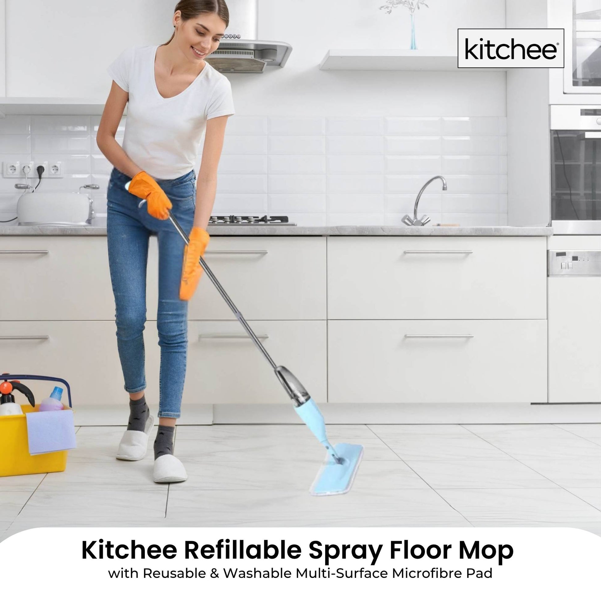 Kitchee Refillable Spray Floor Mop with Reusable & Washable Multi-Surface Microfibre Pad