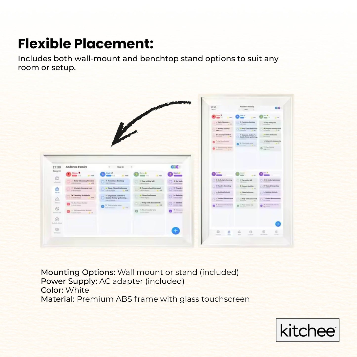 Kitchee Smart Digital Family Calendar Planner - 39.5cm Touchscreen Display White