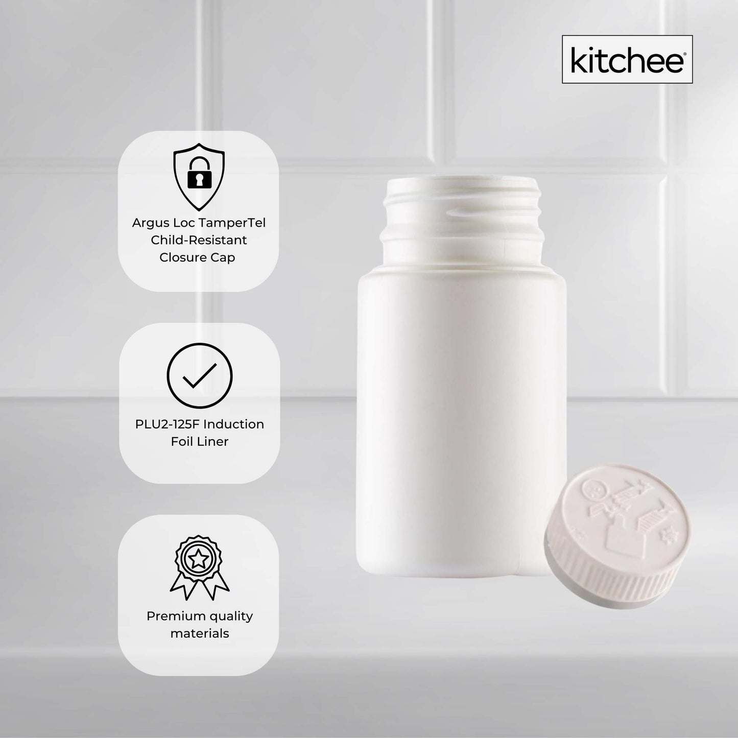 Kitchee Tablet Bottles 90ml + 38mm TamperTel Child Resistant Cap - Round