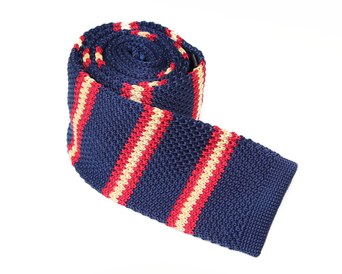 Knitted Navy, Yellow & Red Striped Patterned Neck Tie