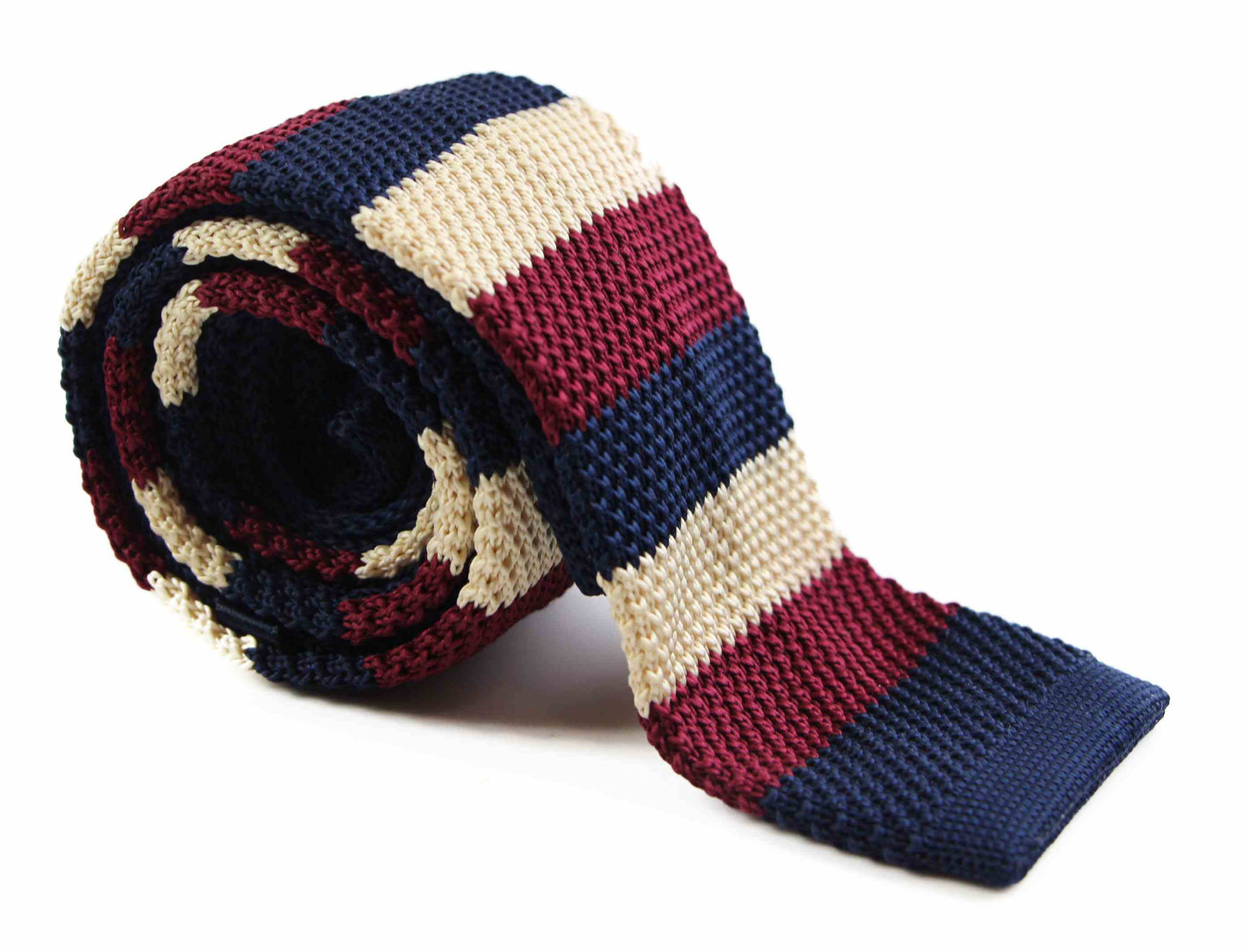 Knitted Thick Striped Navy, Latte & Maroon Striped Patterned Neck Tie
